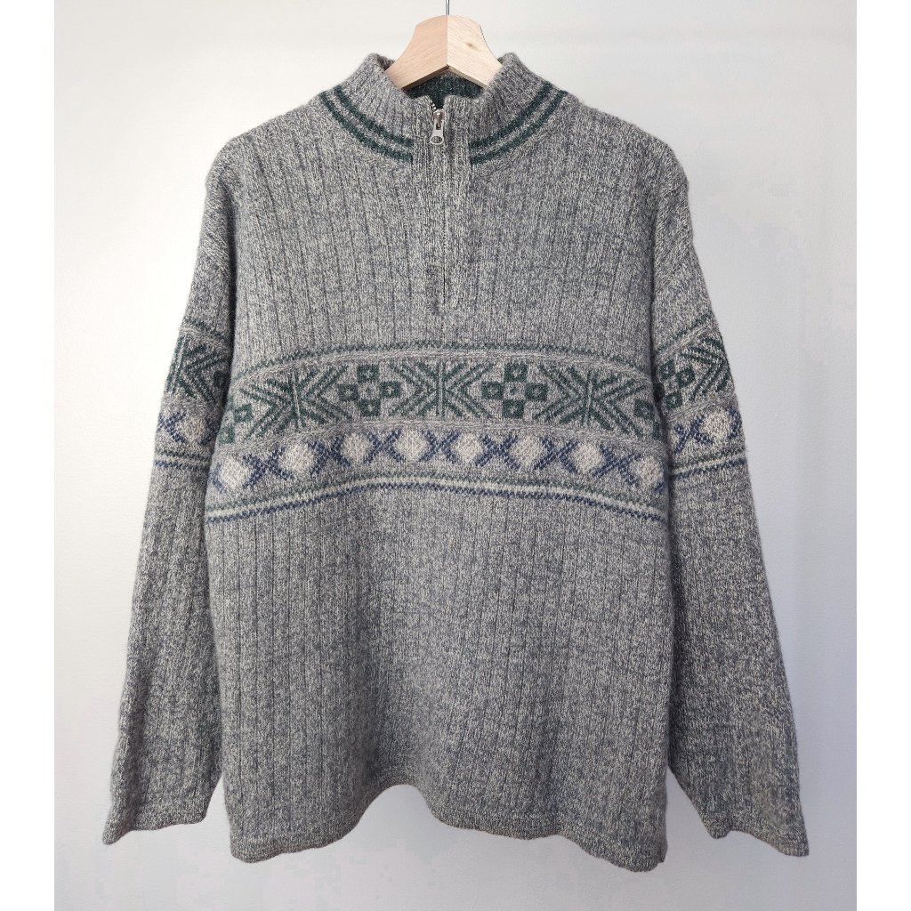 Vintage Wool, Silk Nordic Snowflakes Zip Neck Knitted Sweater Pullover Jumper